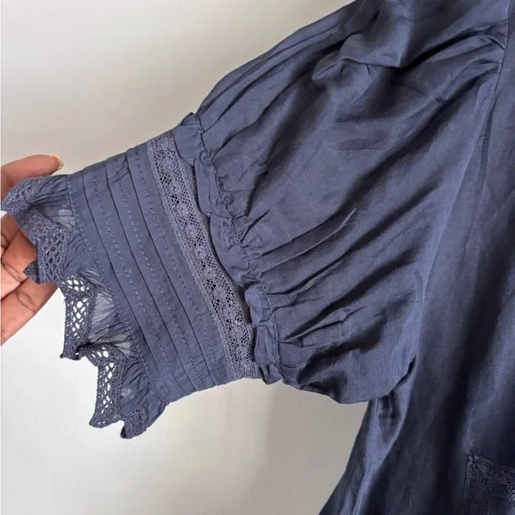 Zadig & Voltaire Tupel Embroidered Pleated Puff Sleeve top, small, navy blue. - Picture 6 of 7